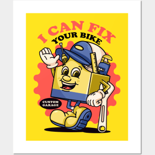 I can fix your bike, workshop toolbox mascot character holding a wrench Posters and Art